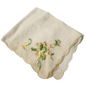 VTG HANKIE YELLOW EMBROIDERED FLOWERS COLORFUL GRAPHIC POCKET SCARF BRIDE